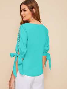 SHEIN Privé Faux Pearl Self-Tie Split Sleeve Top - Mint Blue - View 3