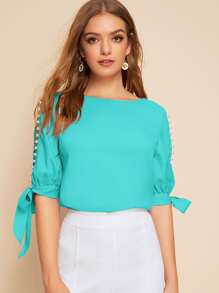 SHEIN Privé Faux Pearl Self-Tie Split Sleeve Top - Mint Blue - View 5