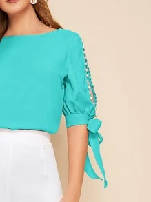 SHEIN Privé Faux Pearl Self-Tie Split Sleeve Top - Mint Blue - View 6