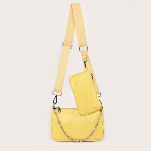 

Croc Embossed Chain Decor Crossbody Bag With Purse, Yellow