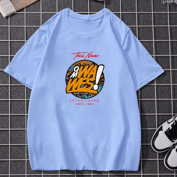

Men Letter Graphic Round Neck Tee, Baby blue