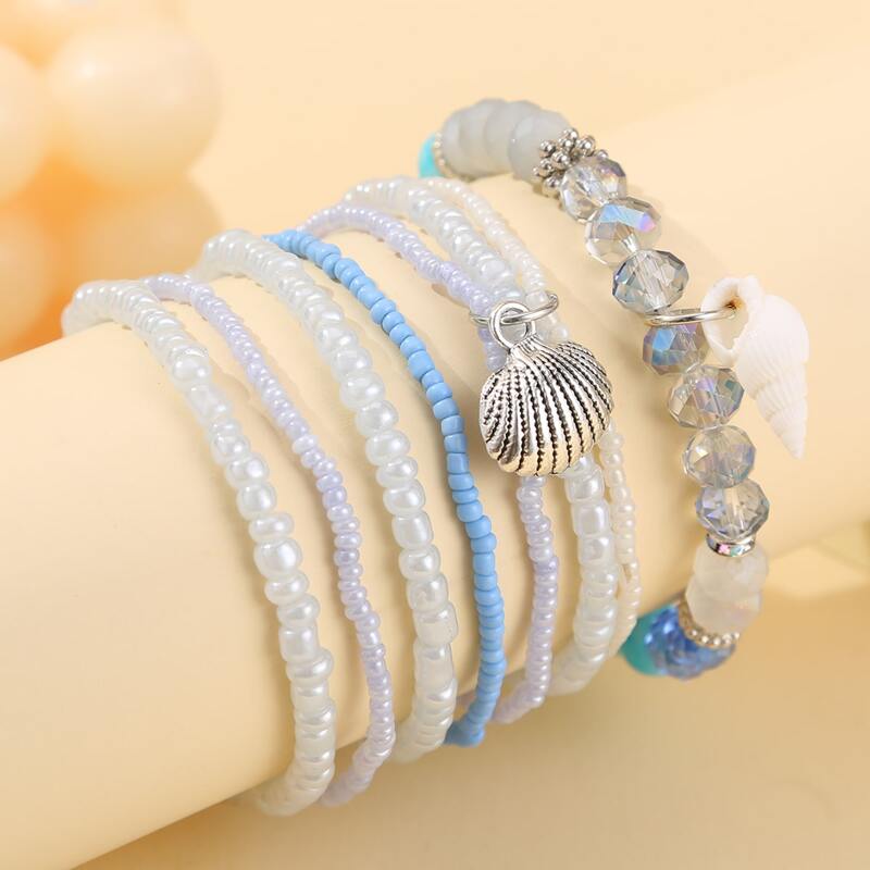 

6pcs Beaded Shell Charm Bracelet, Multicolor