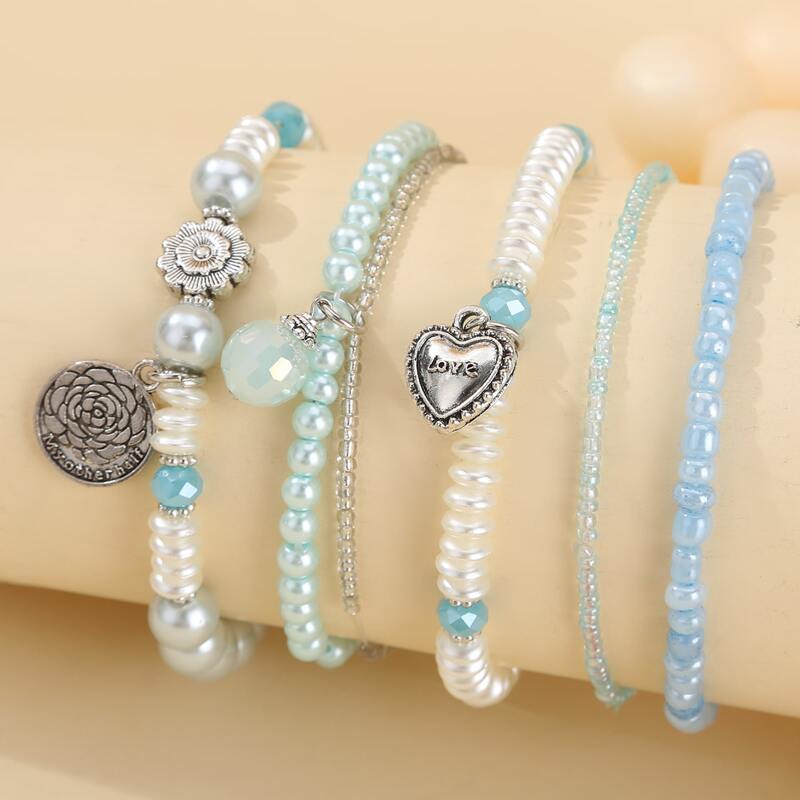 

5pcs Heart & Flower Beaded Bracelet, Multicolor