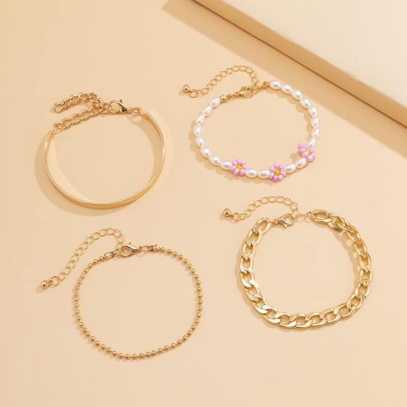 

4pcs Flower Decor Bracelet, Gold