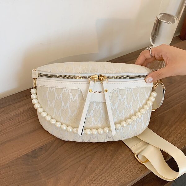 

Letter Graphic Faux Pearl Decor Fanny Pack, White