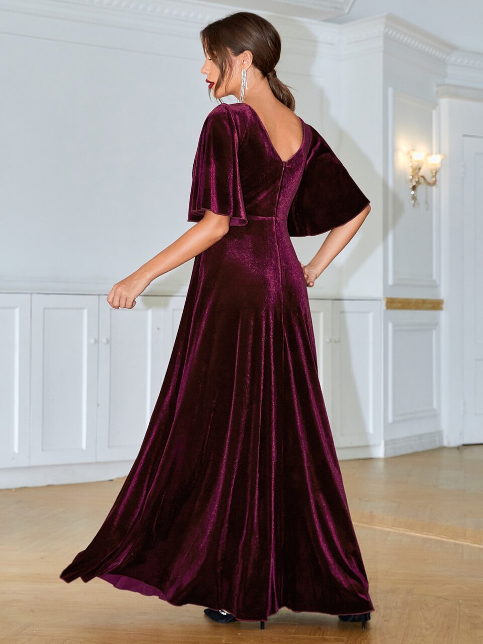 Solid Wrap Butterfly Sleeve Bridesmaid Dress