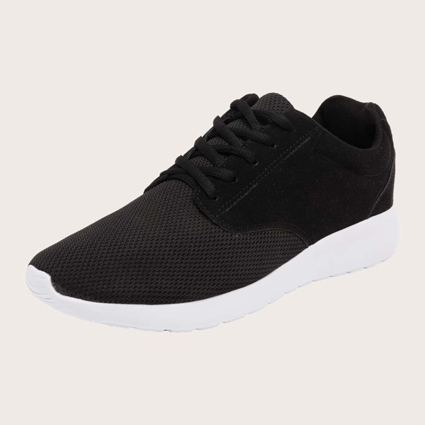 

Men Mesh Panel Lace-up Front Running Shoes, Black