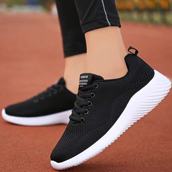 

Minimalist Lace-up Knit Running Shoes, Black