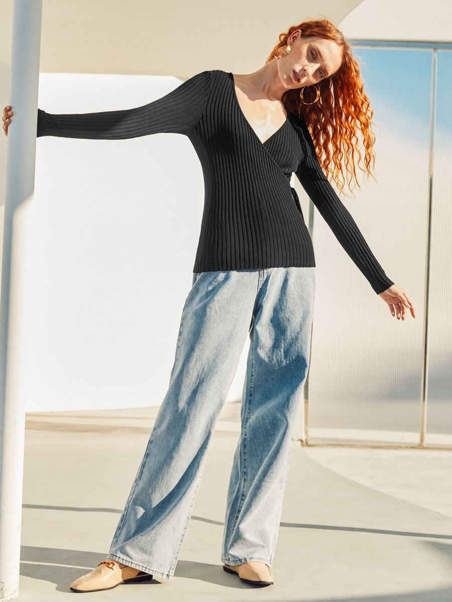 SHEIN Unity Áo len nữ Thắt nút Gân đan màu trơn Giải trí - màu đen - Xem 1