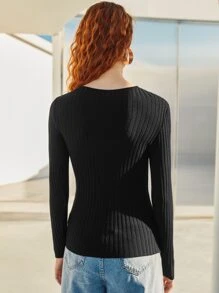 SHEIN Unity Áo len nữ Thắt nút Gân đan màu trơn Giải trí - màu đen - Xem 2
