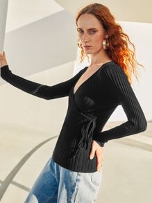 SHEIN Unity Áo len nữ Thắt nút Gân đan màu trơn Giải trí - màu đen - Xem 3