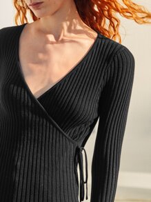 SHEIN Unity Áo len nữ Thắt nút Gân đan màu trơn Giải trí - màu đen - Xem 4