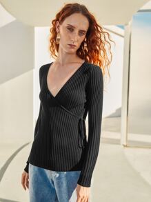 SHEIN Unity Áo len nữ Thắt nút Gân đan màu trơn Giải trí - màu đen - Xem 5