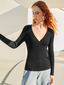 SHEIN Unity Áo len nữ Thắt nút Gân đan màu trơn Giải trí - màu đen - Xem 6