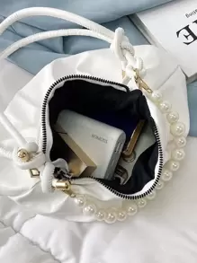 菱形公主假珍珠＆鑽石珍珠鏈＆裝飾極簡主義珍珠裝飾提包,適用於派對、婚禮、舞會和晚宴、口紅、女性珍珠包,極簡主義、時尚 - 白色 - 查看 3