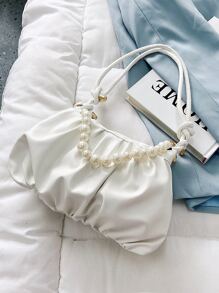菱形公主假珍珠＆鑽石珍珠鏈＆裝飾極簡主義珍珠裝飾提包,適用於派對、婚禮、舞會和晚宴、口紅、女性珍珠包,極簡主義、時尚 - 白色 - 查看 5