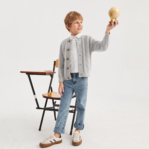 

Boys Single Breasted Cable Knit Cardigan, Light grey