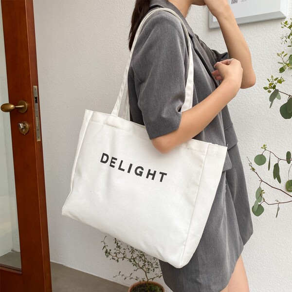 

Minimalist Letter Graphic Shoulder Tote Bag, White