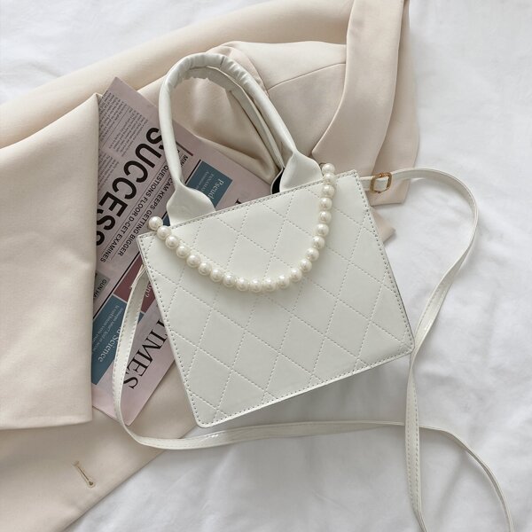 

Minimalist Pearls Decor Quilted Pattern Square Bag, White