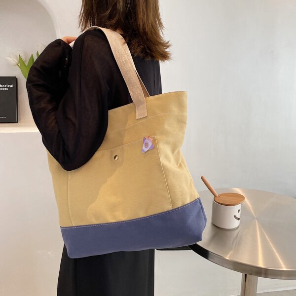 

Two Tone Double Pocket Shoulder Tote Bag, Yellow