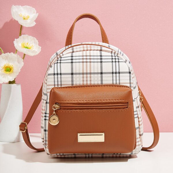 

Tartan Curved Top Backpack, Brown
