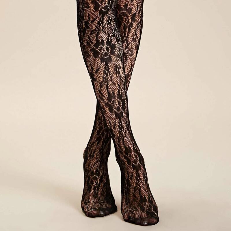 

1pair Flower Pattern Tights, Black