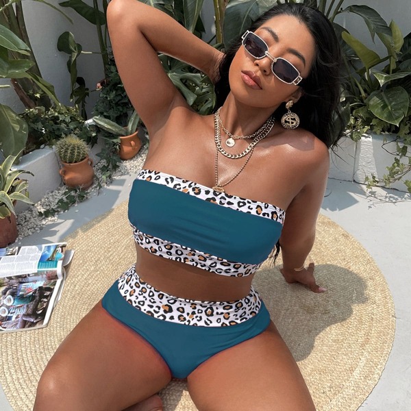 

Plus Leopard Trim Bandeau Bikini Swimsuit, Dusty blue