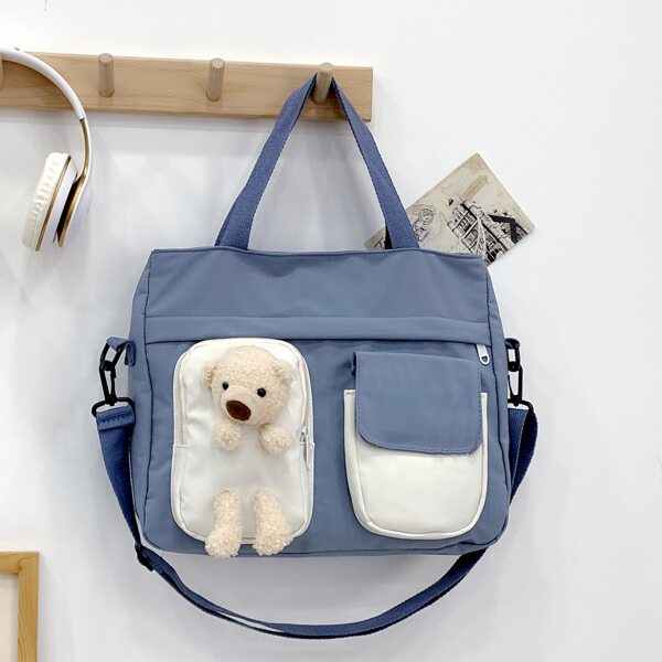 

Two Tone Doll Decor Pocket Front Shoulder Tote Bag, Baby blue