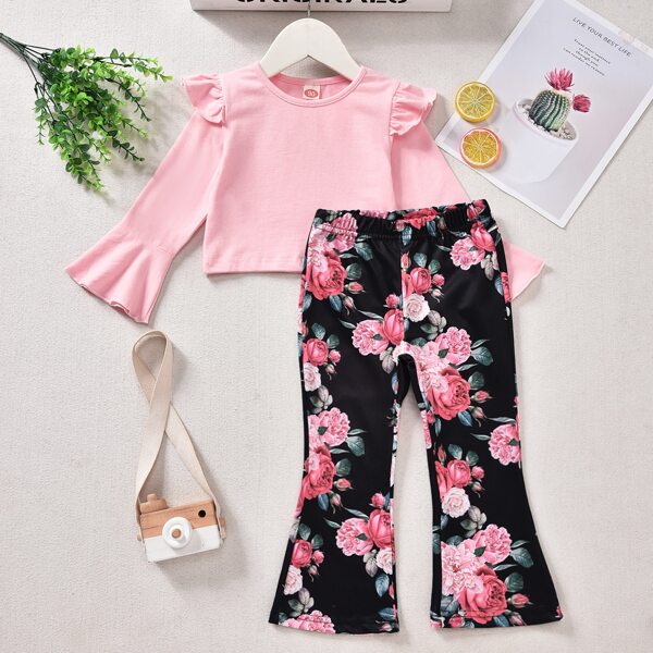 

Toddler Girls Ruffle Trim Flounce Sleeve Top & Floral Print Flare Leg Pants, Pink