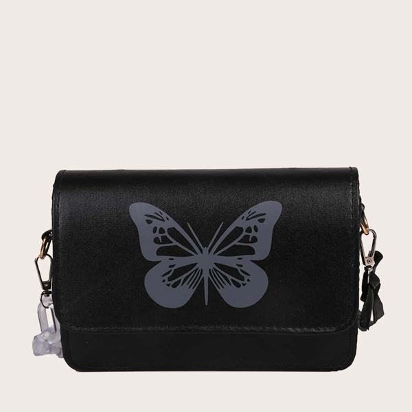 

Butterfly Pattern Flap Square Bag, Black