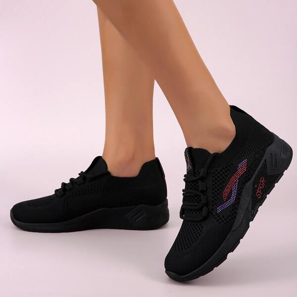 

Rhinestone Decor Lace-up Running Shoes, Black