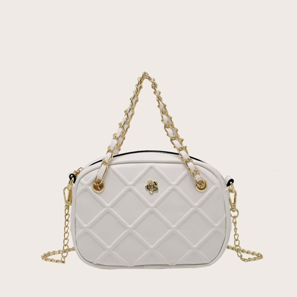 

Minimalist Metal Decor Quilted Pattern Square Bag, Beige