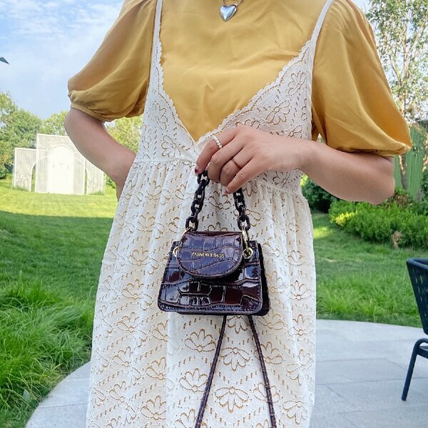 

Minimalist Chain Decor Croc Embossed Flap Square Bag, Coffee brown