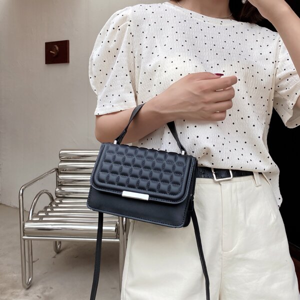 

Minimalist Quilted Flap Square Bag, Black
