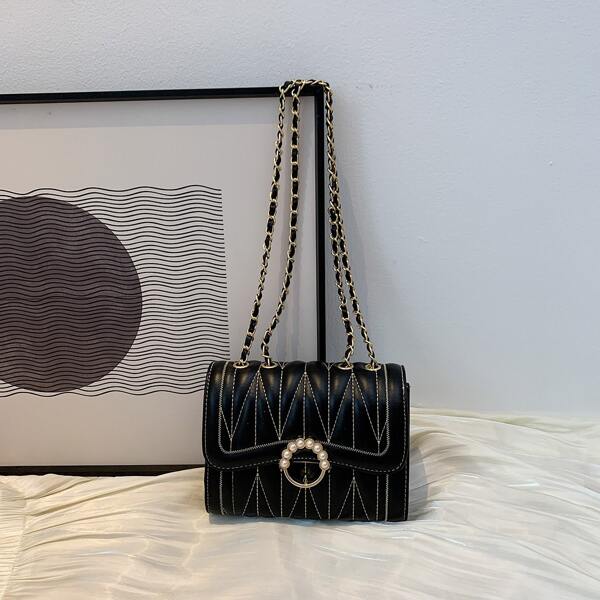 

Pearls Decor Quilted Pattern Flap Square Bag, Black