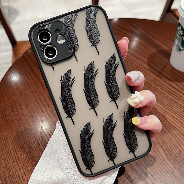 

Contrast Frame Feather Pattern Phone Case, Black
