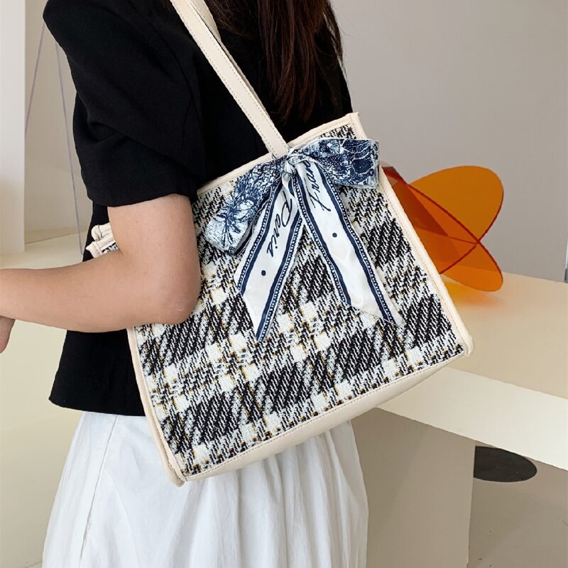 

Scarf Decor Shoulder Tote Bag, Black and white