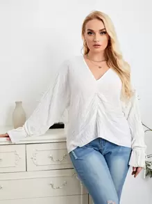 SHEIN Áo len Plus Size Thắt nút màu trơn Giải trí - trắng - Xem 1