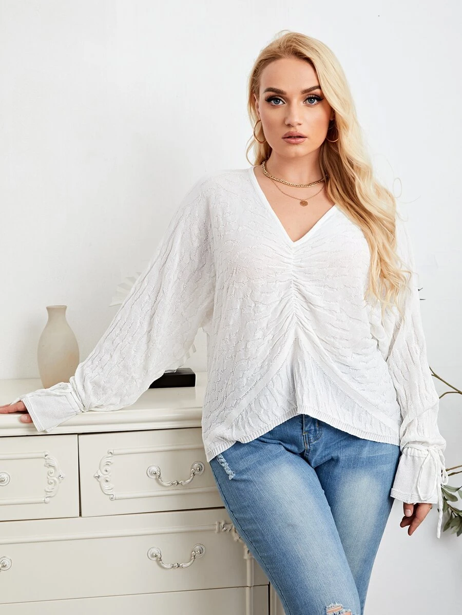 SHEIN Áo len Plus Size Thắt nút màu trơn Giải trí - trắng - Xem 1