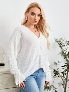 SHEIN Áo len Plus Size Thắt nút màu trơn Giải trí - trắng - Xem 3