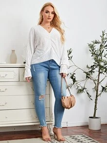 SHEIN Áo len Plus Size Thắt nút màu trơn Giải trí - trắng - Xem 4
