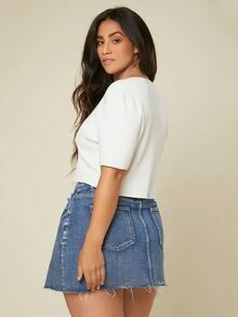 SHEIN áo hở cổ kích thước lớn Dây kéo Gân đan màu trơn Giải trí - trắng - Xem 2