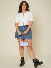 SHEIN áo hở cổ kích thước lớn Dây kéo Gân đan màu trơn Giải trí - trắng - Xem 3