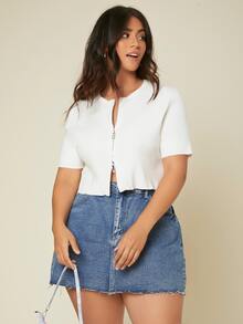 SHEIN áo hở cổ kích thước lớn Dây kéo Gân đan màu trơn Giải trí - trắng - Xem 4