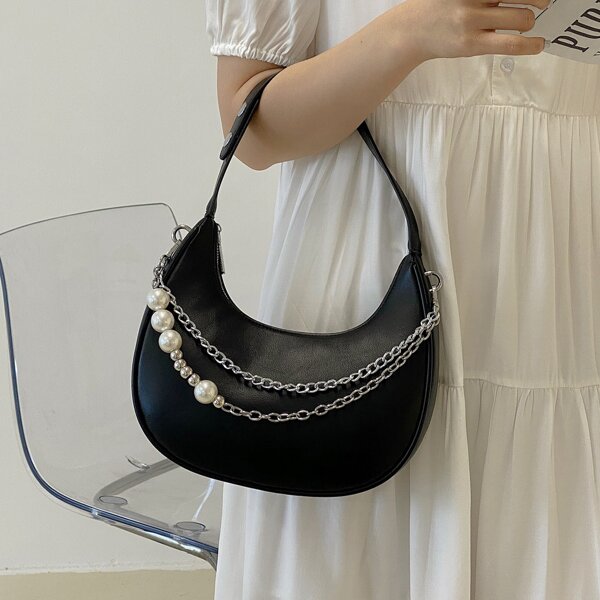

Minimalist Pearls & Chain Decor Baguette Bag, Black
