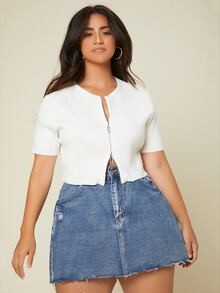 SHEIN áo hở cổ kích thước lớn Dây kéo Gân đan màu trơn Giải trí - trắng - Xem 5