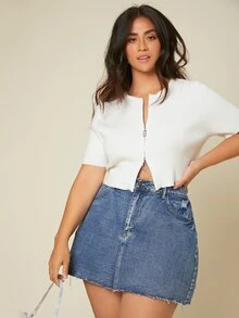 SHEIN áo hở cổ kích thước lớn Dây kéo Gân đan màu trơn Giải trí - trắng - Xem 6