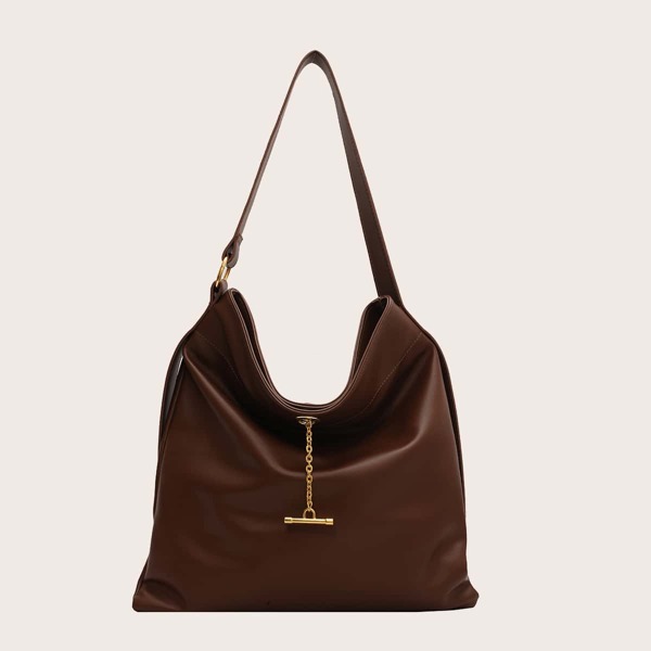 

Minimalist Metal Decor Shoulder Bag, Coffee brown