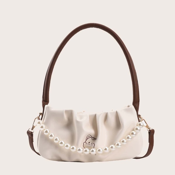 

Minimalist Pearls Decor Cartoon Graphic Ruched Bag, White