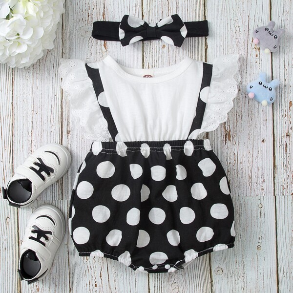 

Baby Girl Contrast Polka Dot Bodysuit With Headband, Black and white